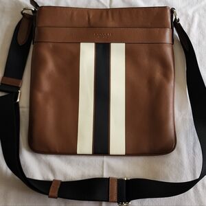 Coach Men's Brown Leather Messenger Bag with Black and White Stripe